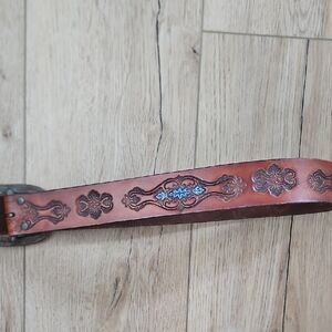 Brown Genuine Leather Belt with Floral Design